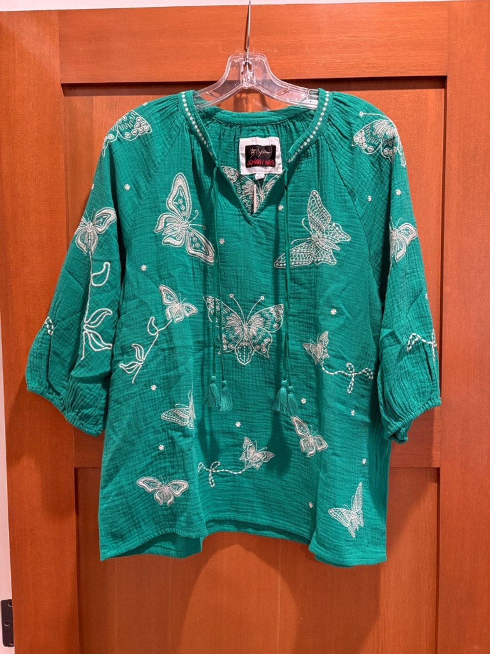 Johnny Was Kelly Green Embroidered Butterfly Peasant Tunic NWT